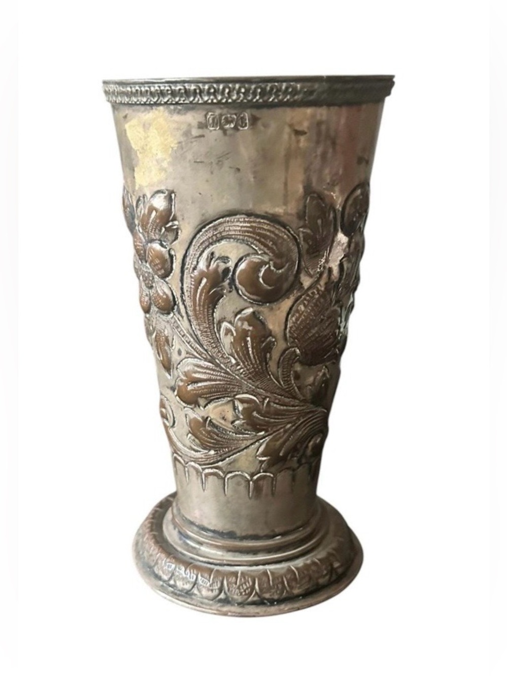 Antique Silver Plated Embossed Vase with Engraved Floral Motifs